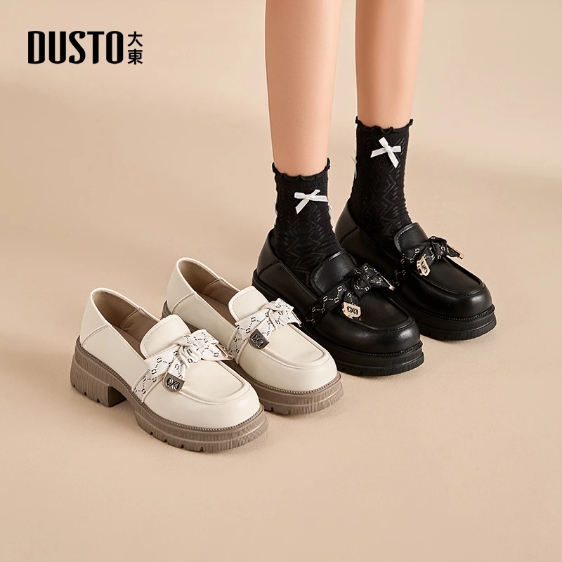 大东厚底乐福鞋2025春季新款韩版圆头粗跟小皮鞋黑色百搭女鞋0159