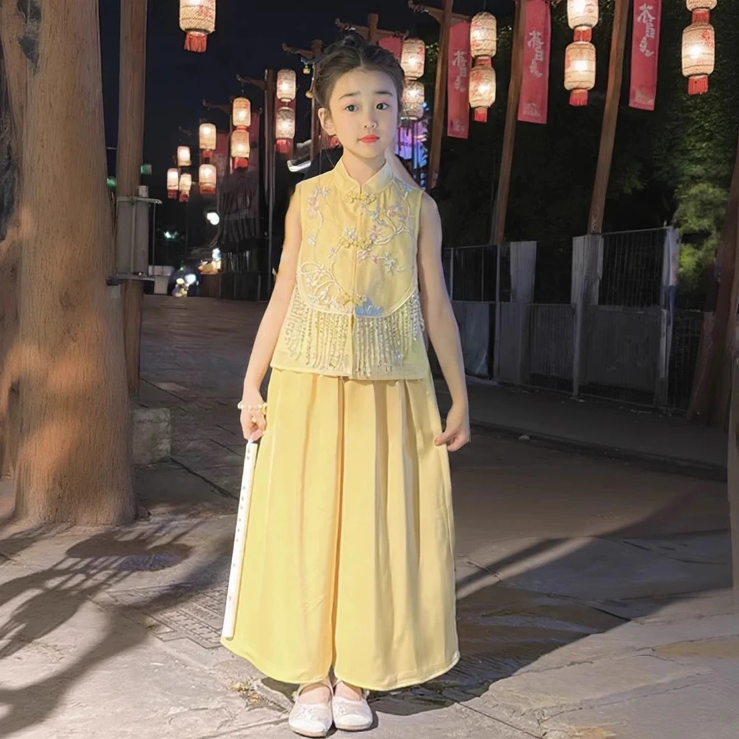 女童无袖中国风阔腿裤套装2025夏季中大童新中式刺绣扎染盘扣裙裤