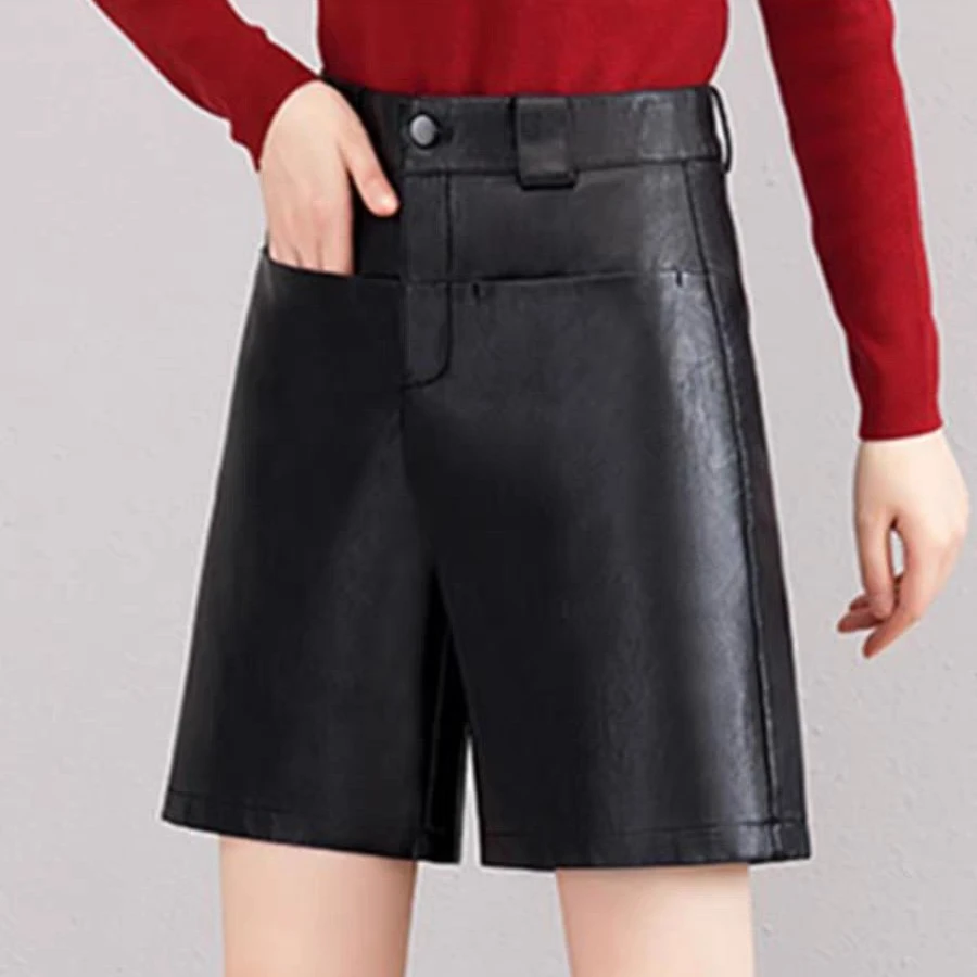 皮裤女春秋短裤女新款高腰宽松外穿阔腿真皮五分裤百搭靴裤显瘦