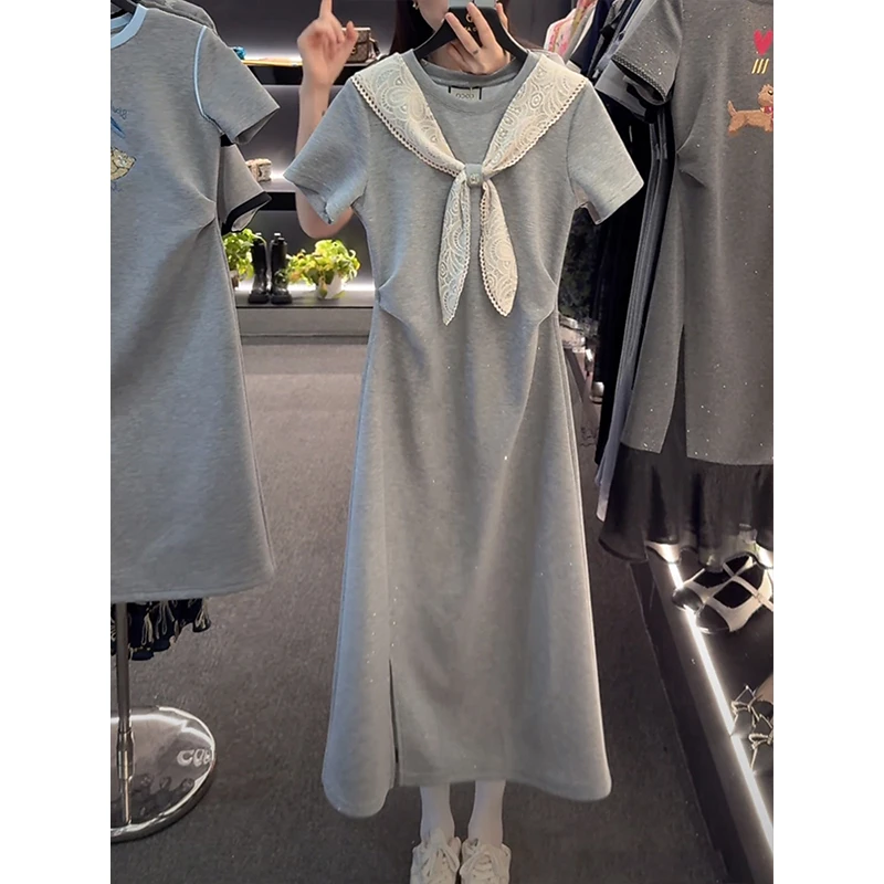 拼接披肩短袖连衣裙女2025夏季新款蝴蝶结减龄时尚显瘦气质裙子潮