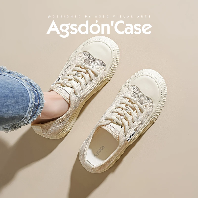 /奥古狮登蕾丝帆布鞋女2025新款夏季透气厚底小白鞋休闲渔夫鞋子Q