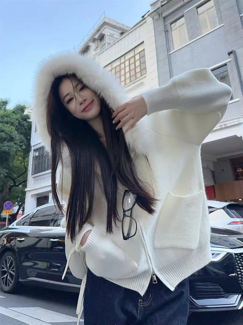 【妮妮专属】大码韩系正肩慵懒风连帽长袖毛衣开衫毛领针织外衫8072