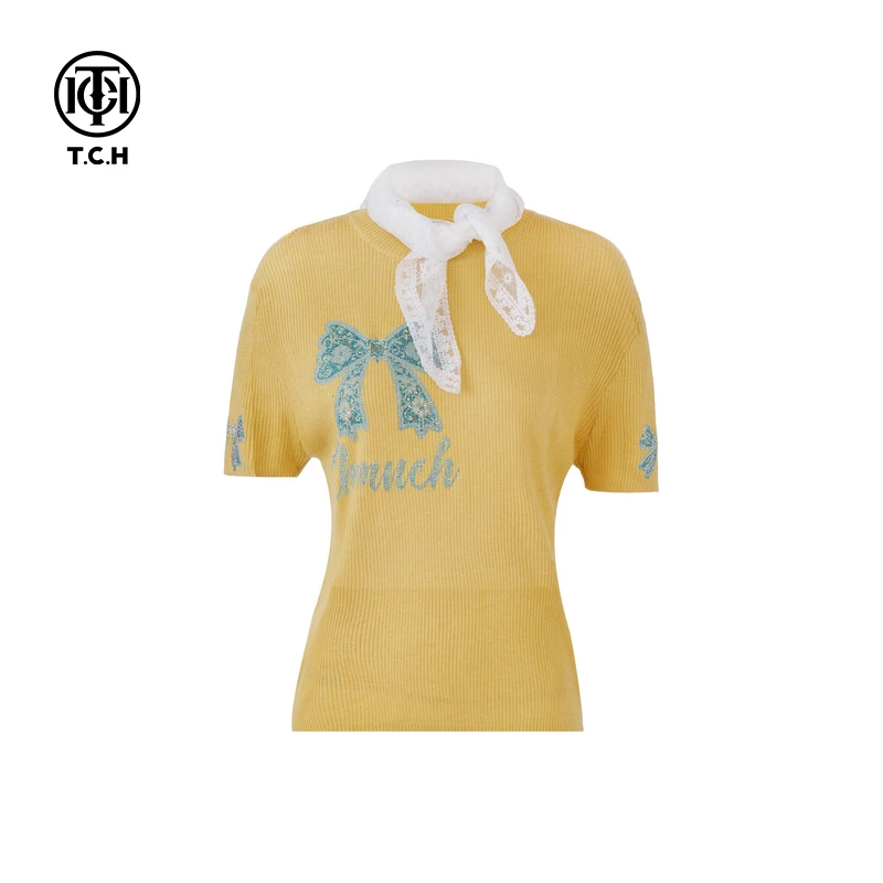 TCH-潮牌25春夏新款烫钻工艺休闲针织T恤蝴蝶结T75A09E5075