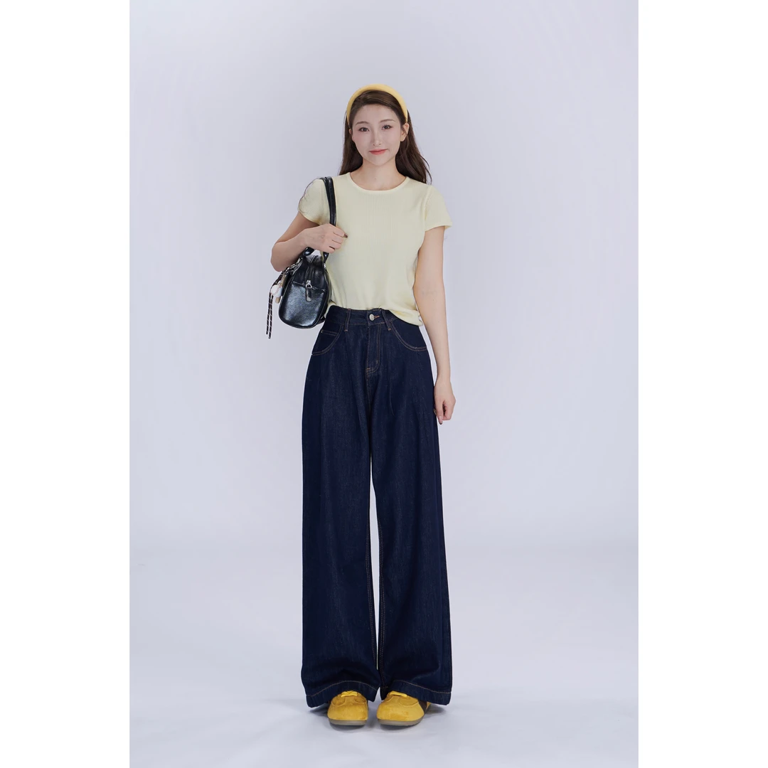 【现货】春季新款显瘦蓝色水洗高腰直筒百搭牛仔裤-7945