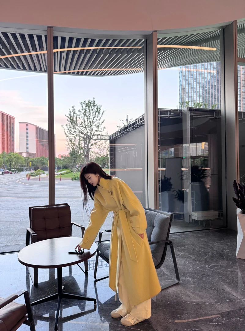 Xxia 黄色款气质设计感羊毛大衣时尚宽松大翻领显瘦轻奢长款秋冬