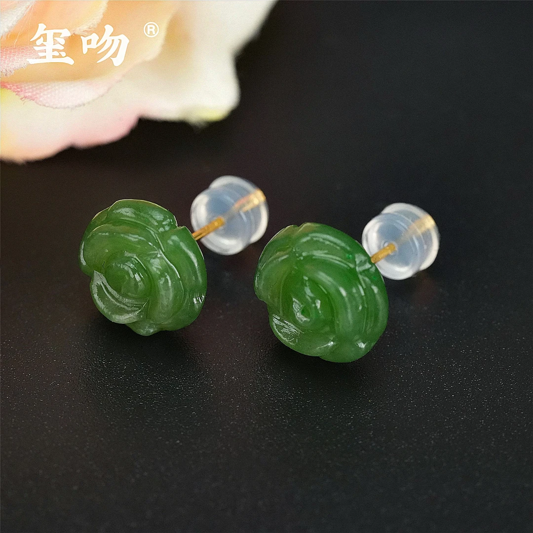 【玺吻】s925银 花开富贵 天然和田玉碧玉玫瑰花耳饰