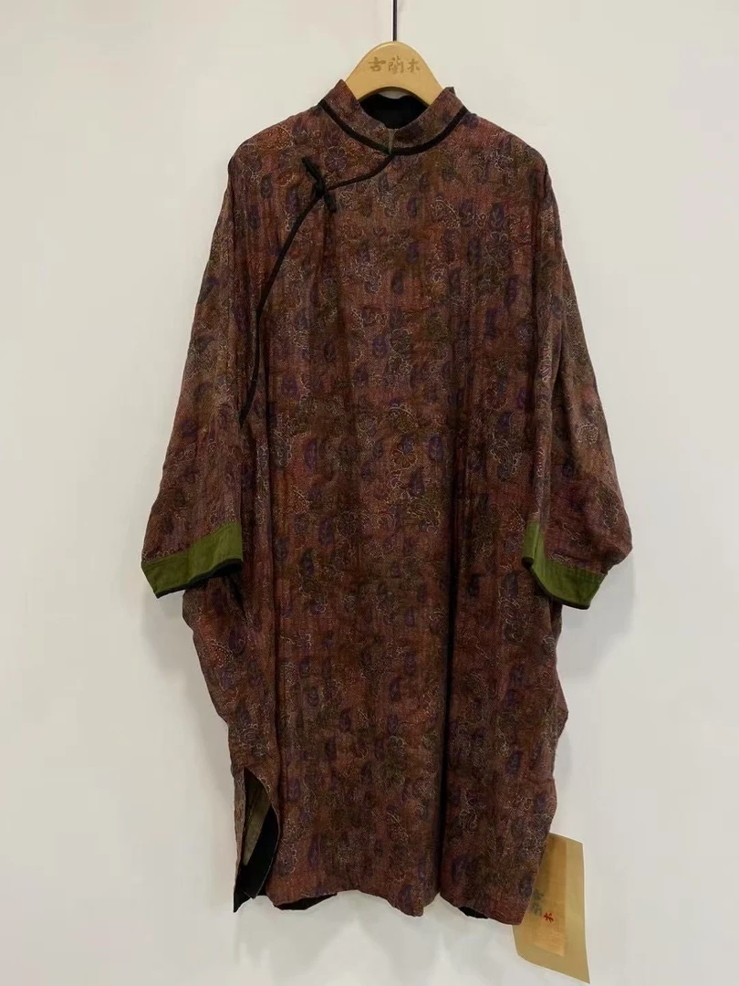 古兰木碎花斜盘扣长袍子长93