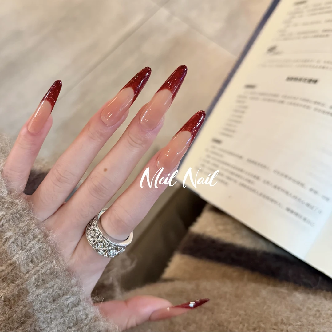Meil Nail 酒红碎钻 红色法式新年红爆闪碎钻纯手工穿戴甲