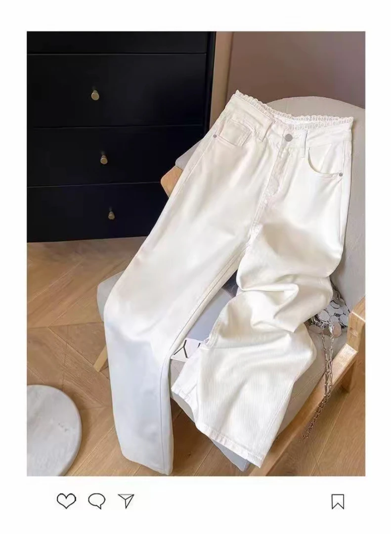 夏季新款高腰牛仔裤白色蕾丝边洋气显瘦窄版阔腿裤夏薄款2111