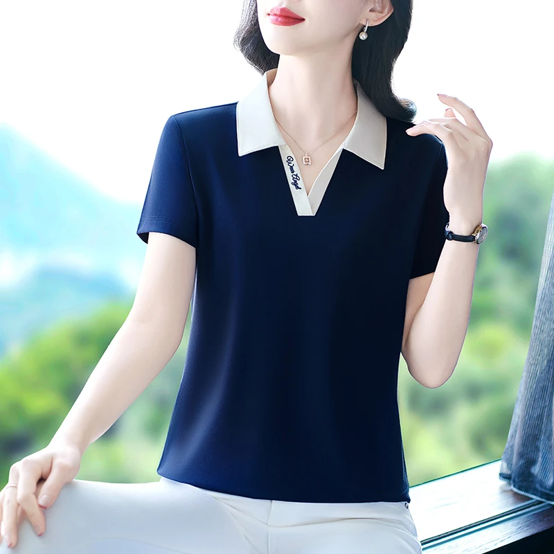 polo衫女夏季2025新款时尚v领短袖t恤洋气夏装休闲宽松上衣薄款t