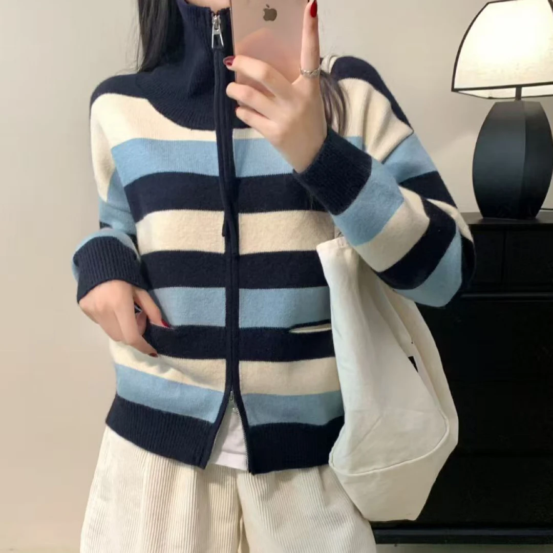 条纹秋冬季时尚翻领休闲针织衫针织连帽毛衣毛针织衫