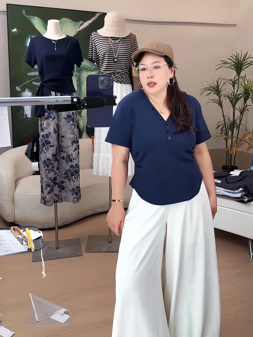 【胖子】运补406大码女装T恤短袖纽扣时尚款拼接收腰夏季黑色短袖
