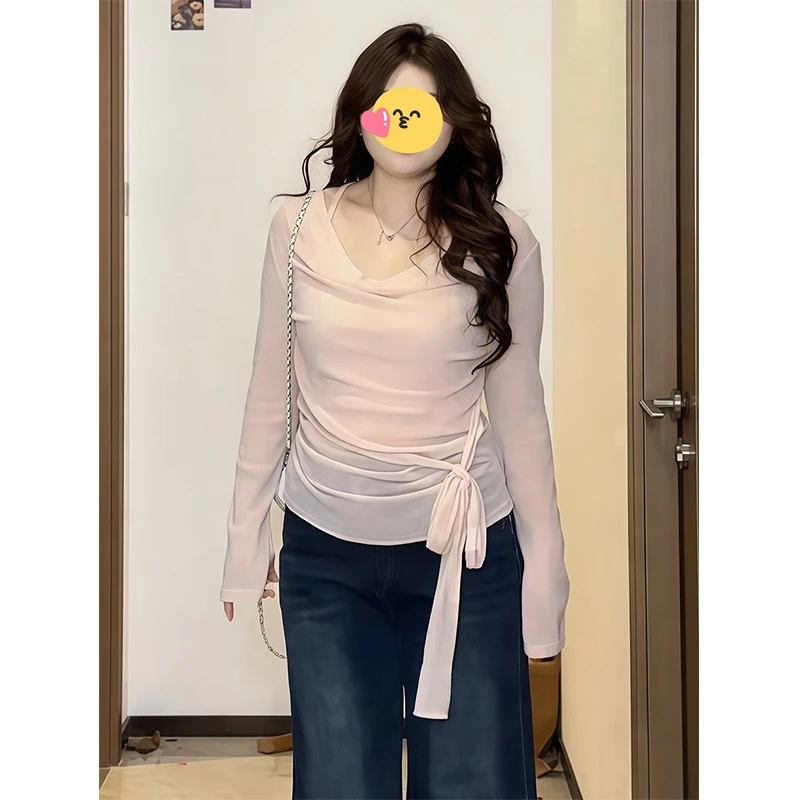 粉色假两件长袖T恤女2025新款早秋大码胖mm收腰小衫独特漂亮上衣