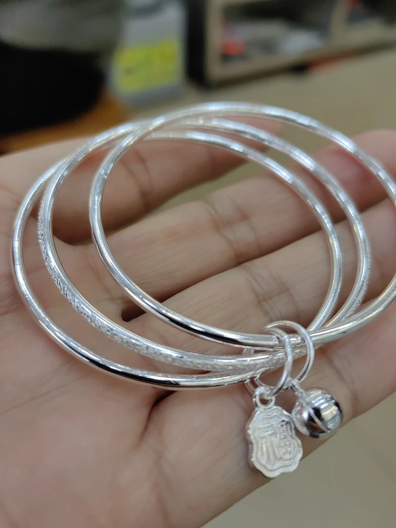 足银手镯 足银手镯三生三世24.3克福字吊坠球54圈口喷砂亮面