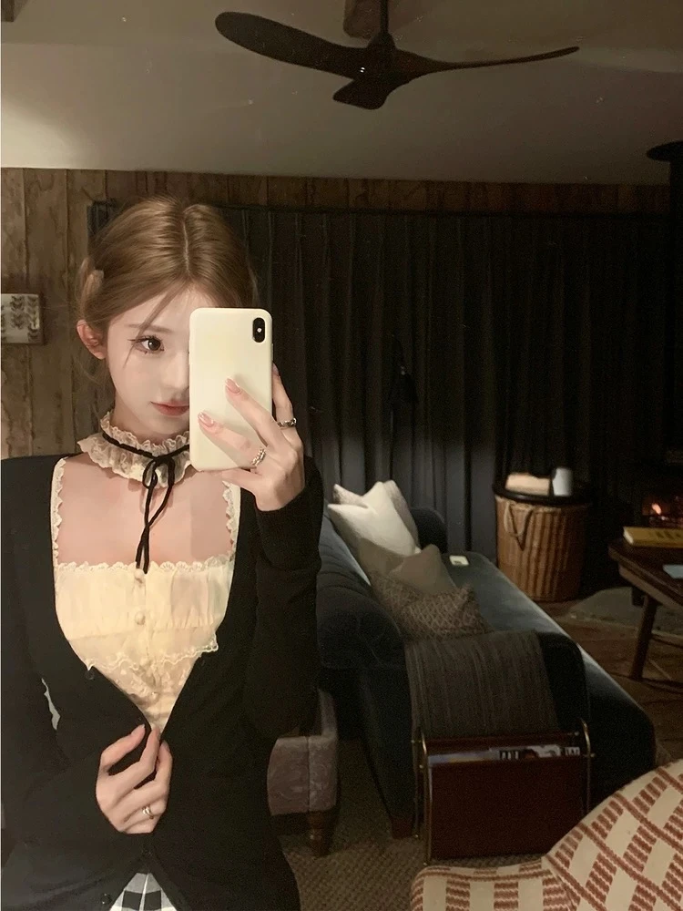 vtg千金 中古蕾丝花边背心女设计感方领无袖上衣