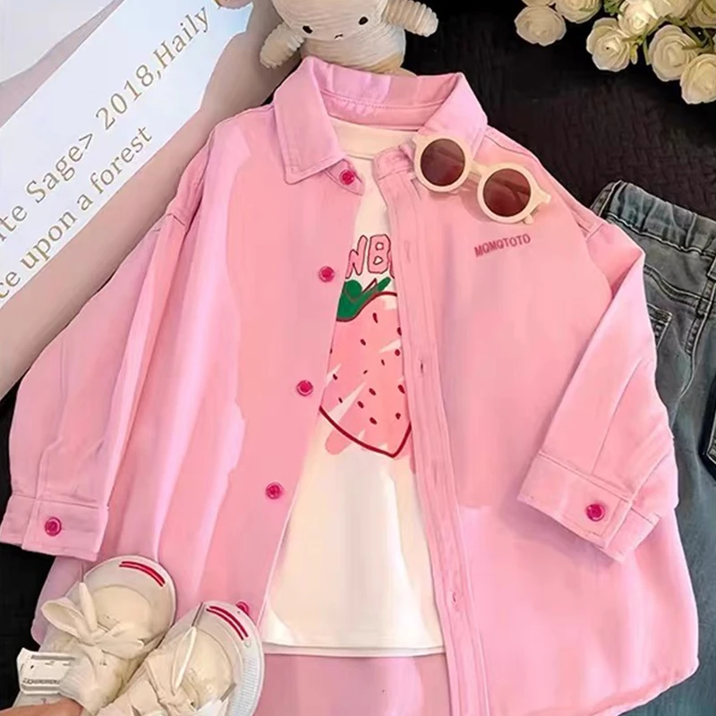 女童套装春秋款2025新款粉色儿童牛仔外套女孩秋季甜美时髦两件套