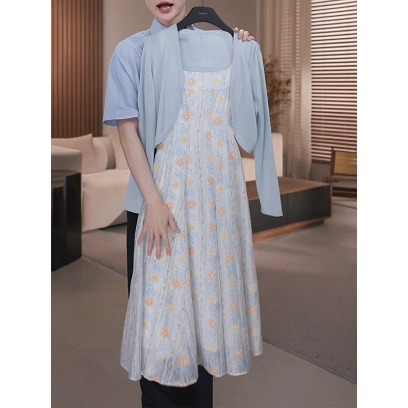 高贵优雅肌理感时尚套装女2025夏季新款蓝色开衫吊带裙两件套0908