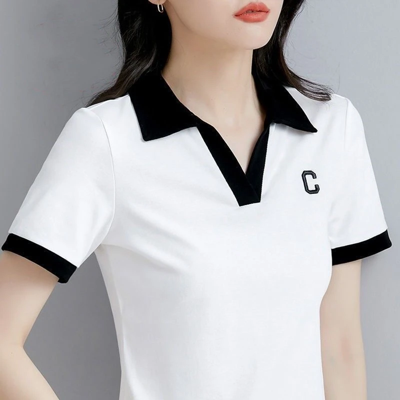 棉短袖t恤女2023新款短袖V领休闲刺绣Polo领体恤上衣女