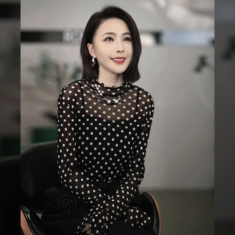 溶溶【流动波点】RONGRONG 复古港风波点网纱长袖打底上衣C-A208215