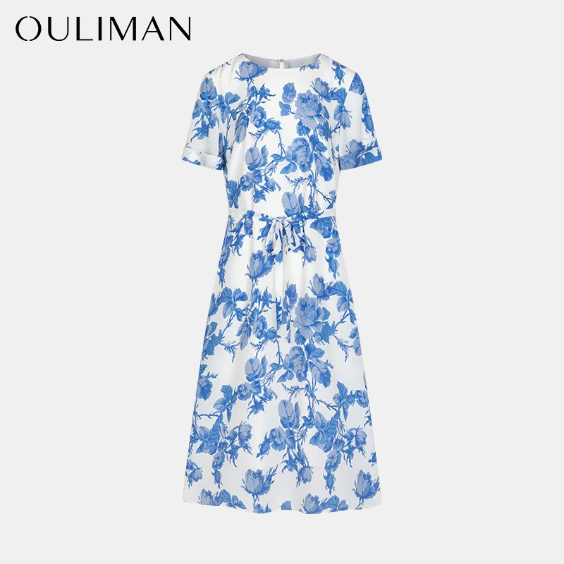 【欧黎蔓X俏姐姐-蓝花黛玉】3D定织定染重磅桑蚕丝连衣裙 QZ6080