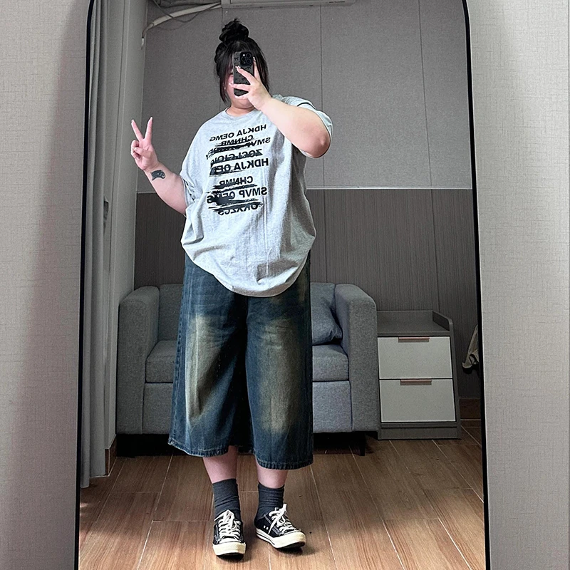 特大码胖mm美式复古七分牛仔短裤女夏季新款梨形身材显瘦阔腿裤子