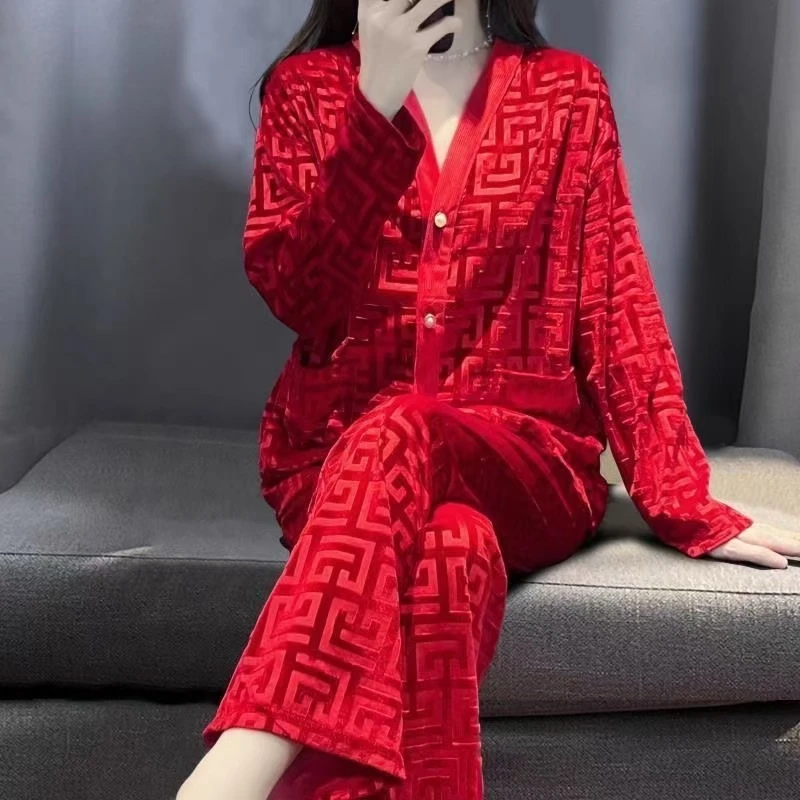 春秋冬季长袖开衫复古红色大码家居服睡衣两件套561