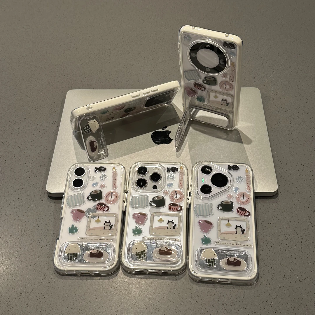 夕与空闹钟小黑猫贴纸支架适用苹果16/15手机壳华为vivo小米oppo