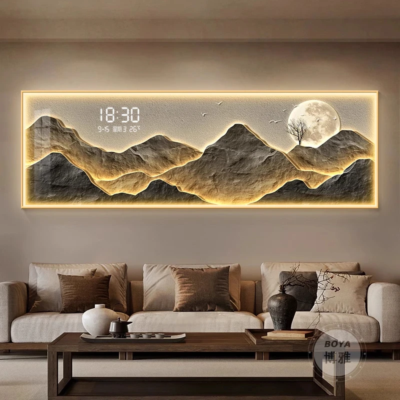 背靠金山沙发背景装饰画带电子钟表床头挂画背景墙装饰画2025新款