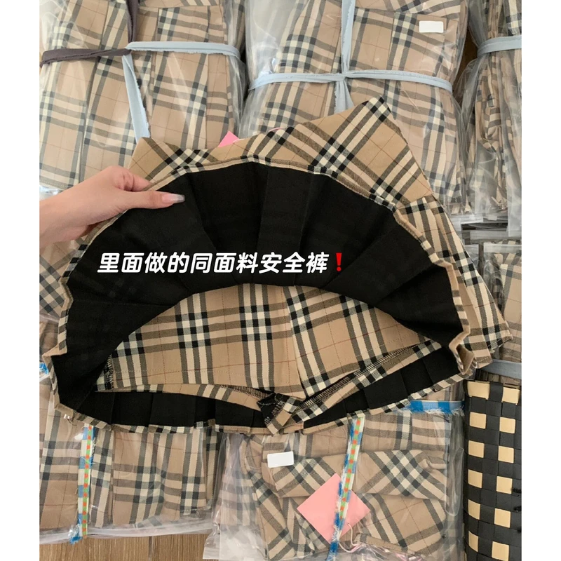 老钱风卡其格纹百褶裙本布内衬美式修身半身复古格纹学院风短裙