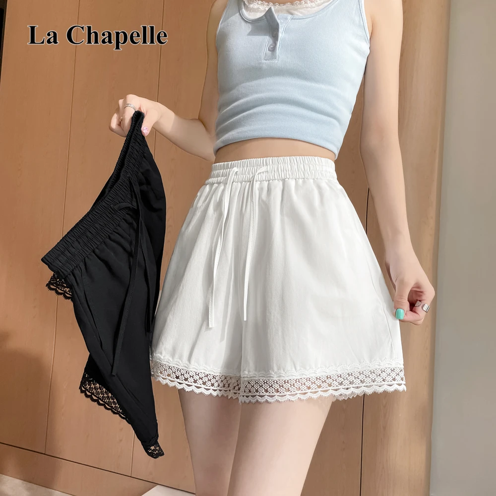 拉夏贝尔度假风设计感蕾丝花边短裤2025夏款简约百搭休闲阔腿裤子