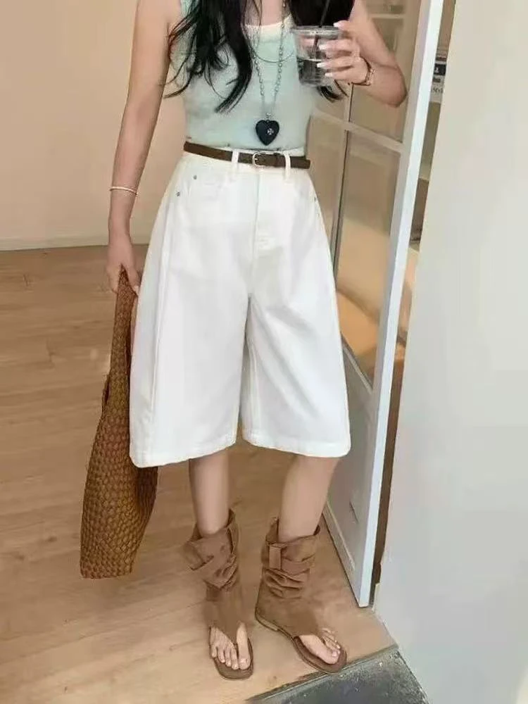 裤长63夏季新款白色宽松高腰显瘦百搭薄款牛仔七分裤女款