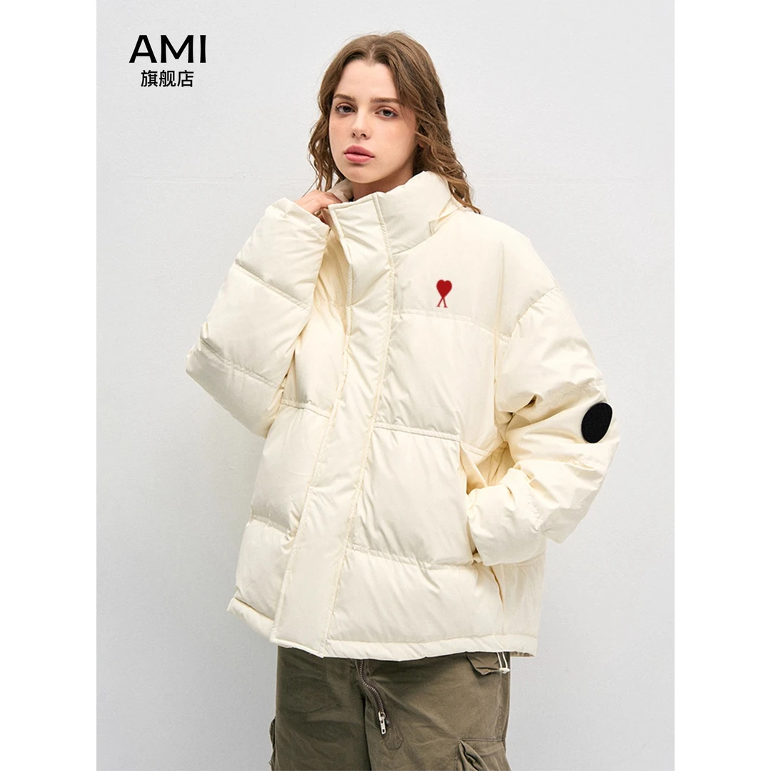 AMI时尚复古立领连帽羽绒服男女秋冬季纯色加厚上衣百搭休闲外套