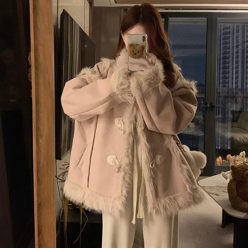 小香风粉色羊羔毛秋冬季2025新款外套女春秋皮绒高级感鹿拼接棉服