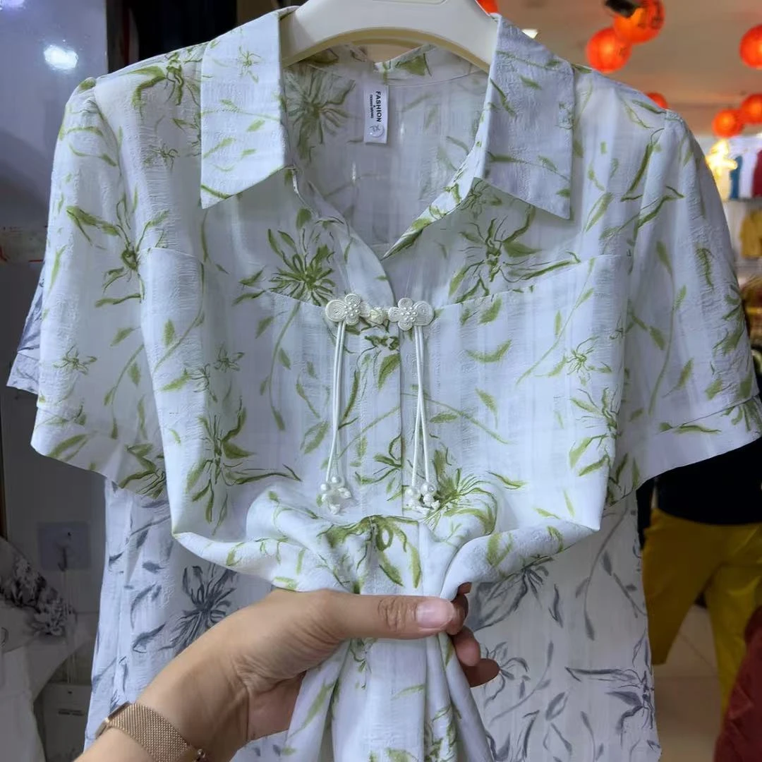 8861夏季新款POLO领短袖印花上衣洋气时尚百搭衬衫（卡码拍大）