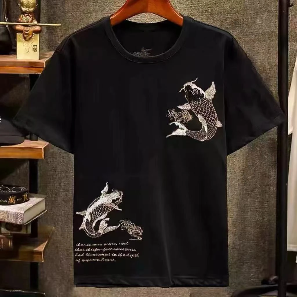 342国潮锦鲤刺绣短袖t恤男士夏季新款中国风圆领上衣百搭体恤