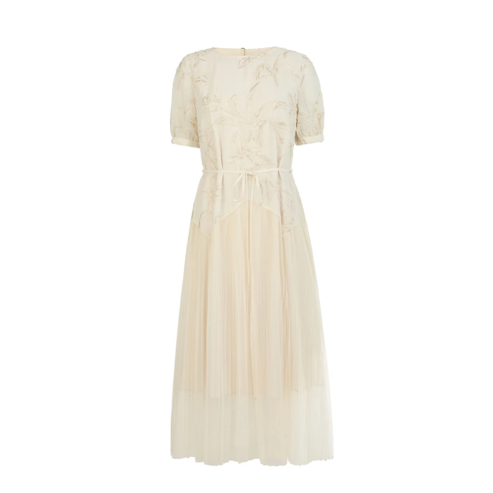 S·DEER圣迪奥圆领常规袖夏季套头轻奢夏日白月光连衣裙S252Z12C9