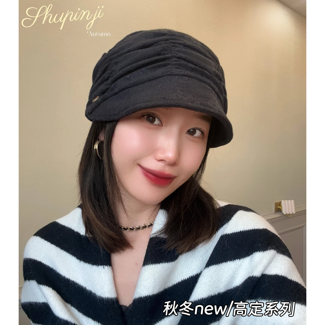 原创高定系列秋冬新款褶皱蕾丝显脸小鸭舌堆堆帽包头帽D3846
