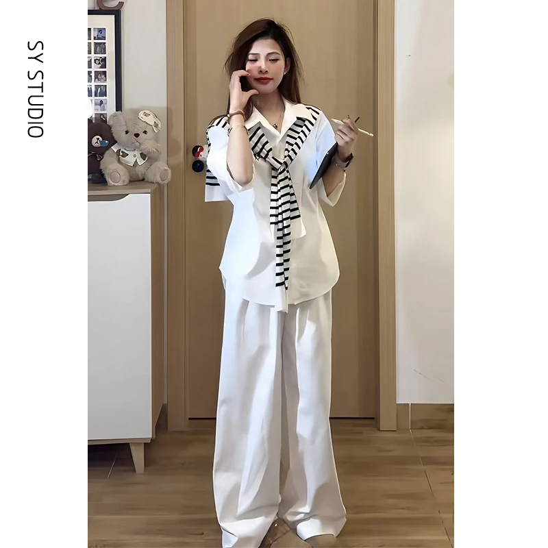 开春穿搭套装2025时尚宽松慵懒风超火衬衫女直筒休闲裤减龄两件套