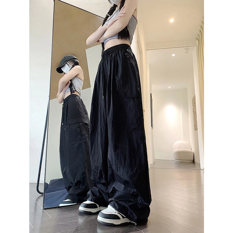 大码美式辣妹高腰工装裤女裤宽松薄款速干休闲嘻哈运动裤束脚裤子