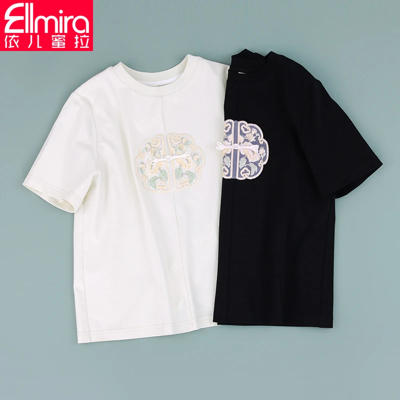 【兰瑾】8144女童短袖t恤夏季中式上衣半袖圆领白色大童洋气薄款