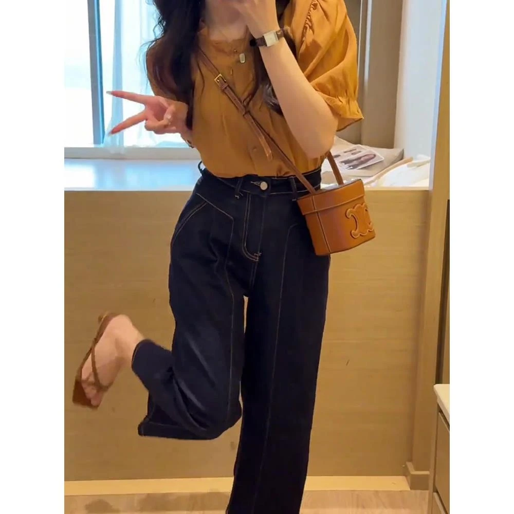高腰牛仔阔腿裤女夏季薄款新款垂感休闲女裤显瘦直筒九分裤子