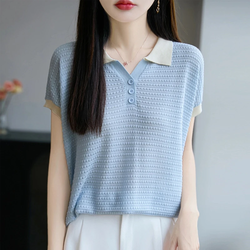 翻领短袖纯色洋气宽松休闲针织T恤夏季莱赛尔简约套头百搭时尚