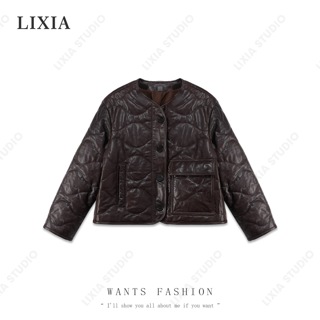 LIXIA【黑金爵士】轻奢时尚绵羊植鞣皮显瘦加棉保暖皮夹克-A7523