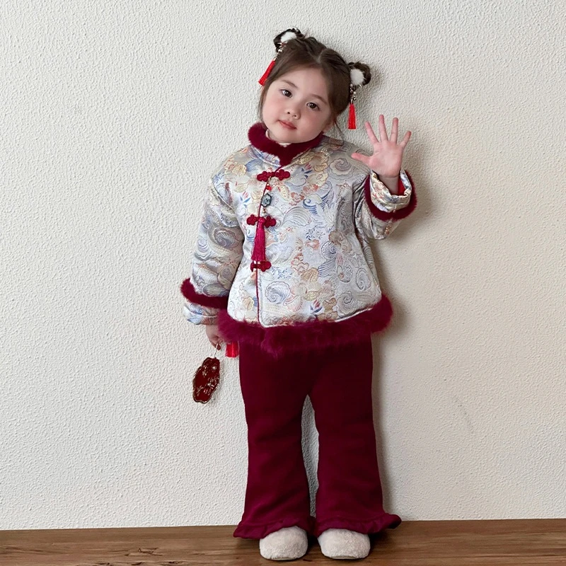 女童汉服过年拜年服秋冬季国风新中式套装女宝宝周岁礼服冬装