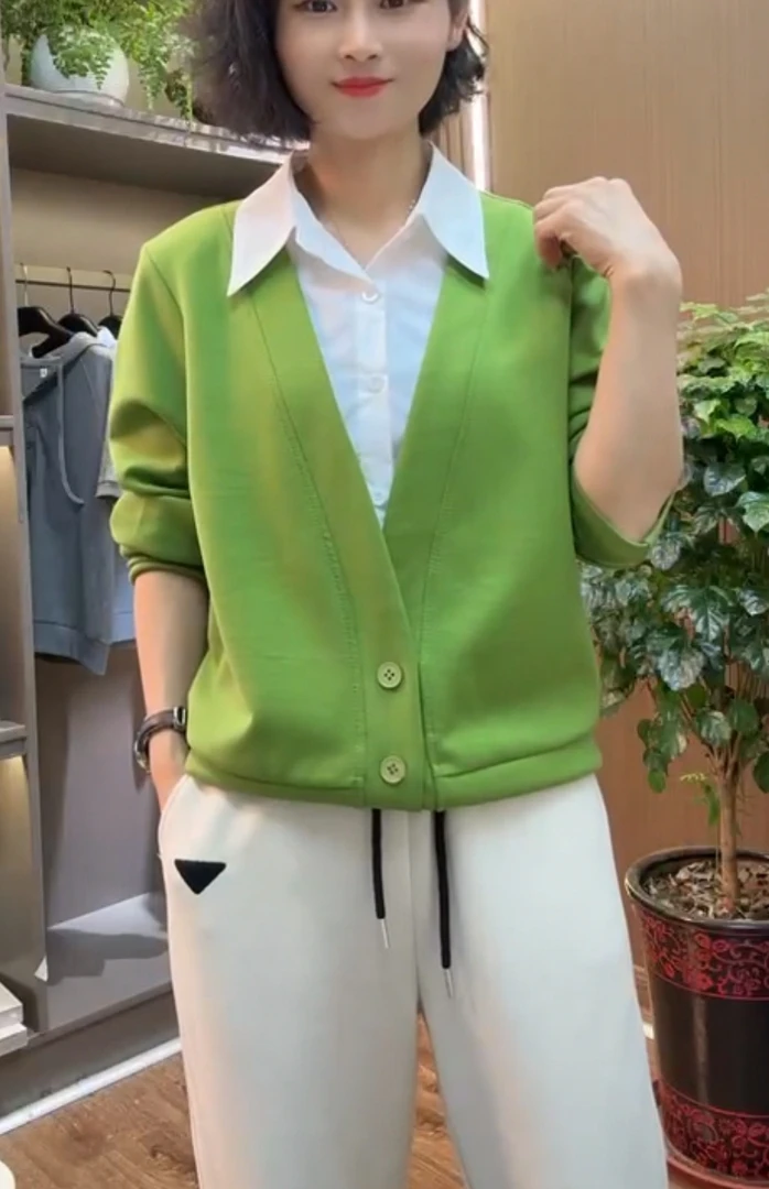 休闲时尚洋气显瘦假两件衬衫领打底上衣2515