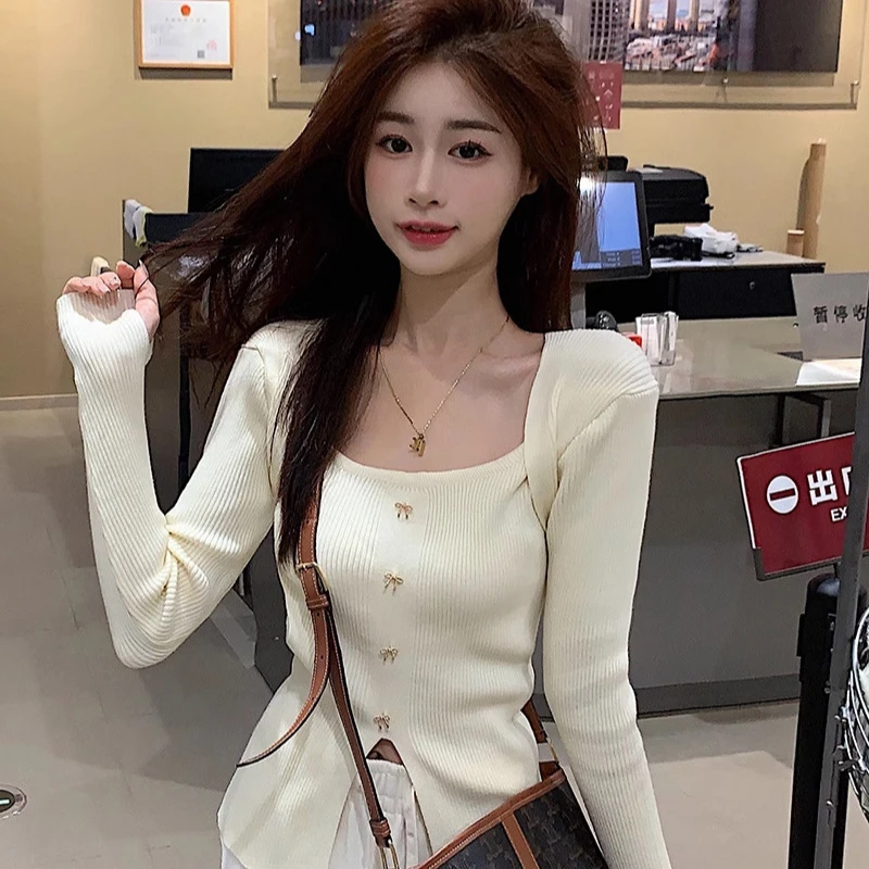 秋季长袖显瘦气质针织衫开衫小众修身百搭外搭2025年秋季黑色杏色