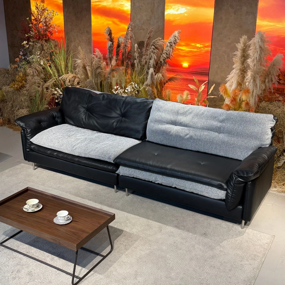 广巢爵士云朵棉麻真皮两面沙发客厅大户型牛皮高脚沙发轻奢意式