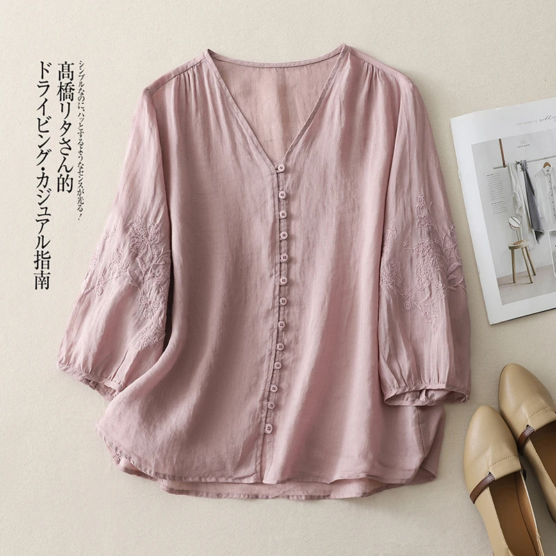 高定刺绣衬衫女时尚定制纽扣衬衣气质V领开衫上衣