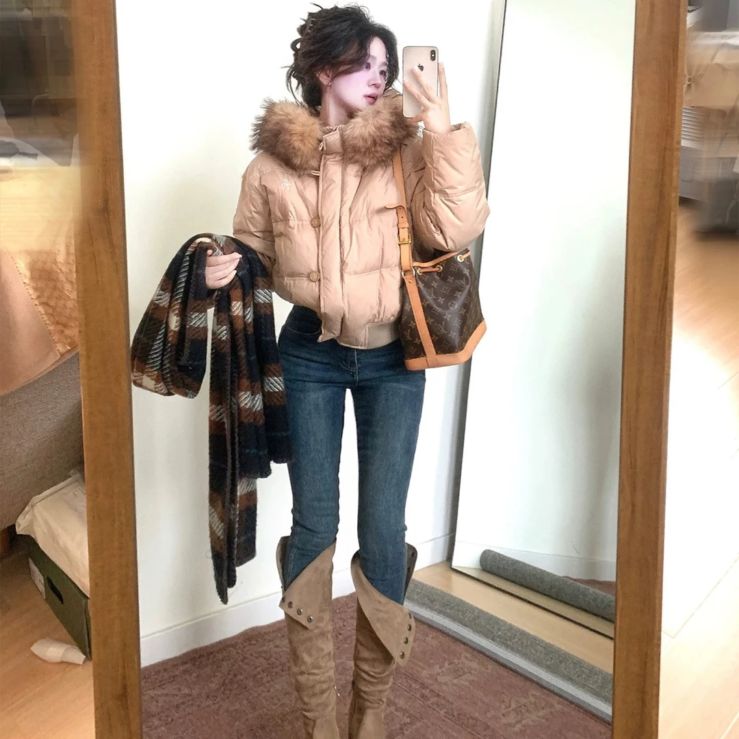 现货“Kh麦羽”50白鸭绒毛领连帽羽绒服加厚设计感面包服外套