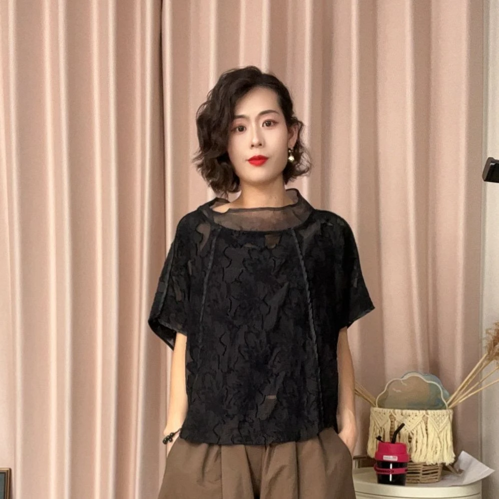 2025时尚黑色洋气上衣中国风宽松遮肉简约爆款酷飒风女装高级感